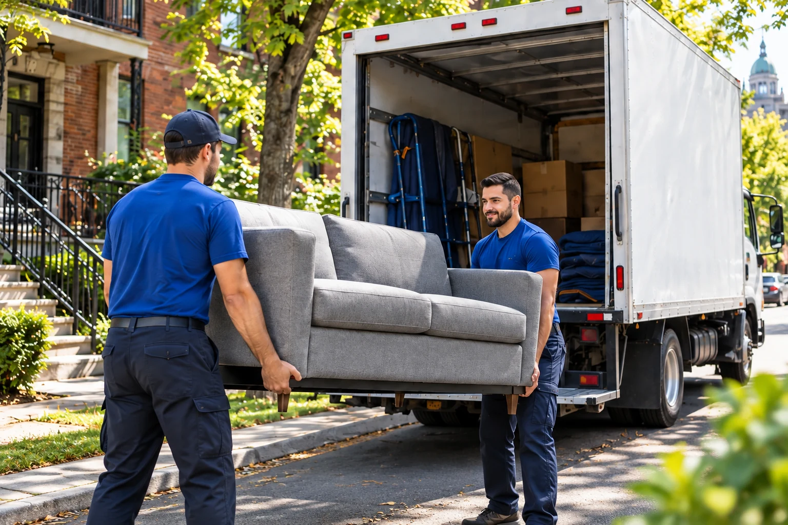 Deux déménageurs transportent un sofa vers un camion.